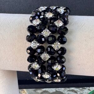 Beaded Stretch‎ Bracelet Black Faceted Crystal Rhinestone Statement Jewelry